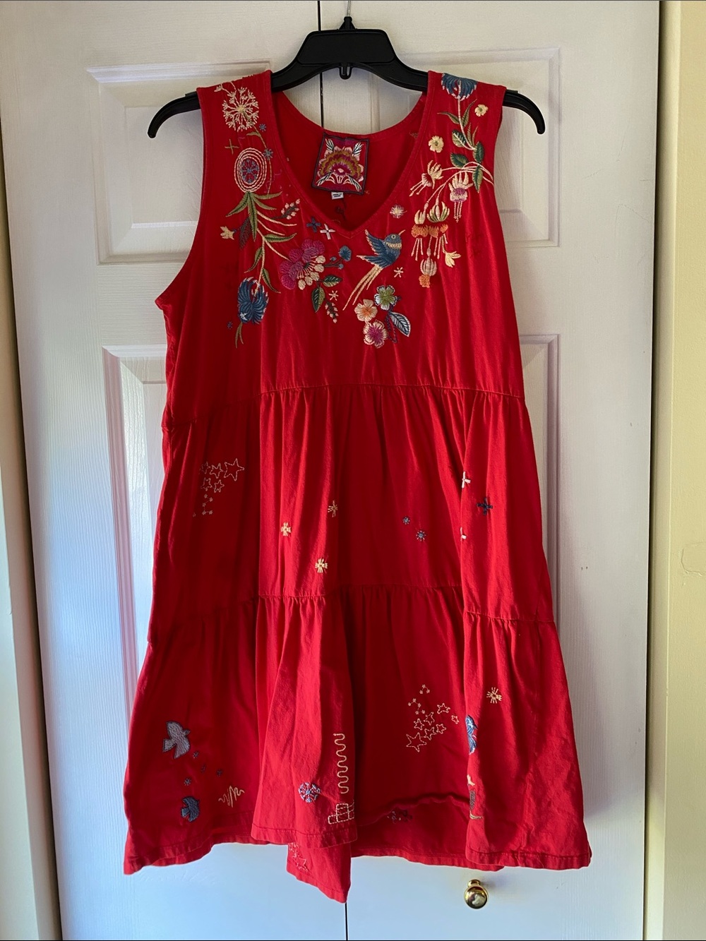 Johnny Was Red Embroidered Tiered Sleeveless Dress